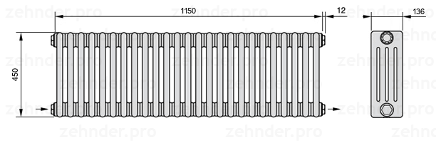 Схема (чертеж) Радиатор Zehnder Charleston 4045/25 №2670 Белый глянцевый RAL 9016